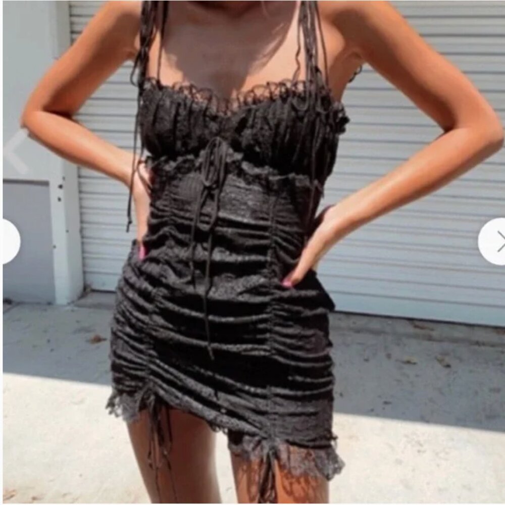 Women's Black Lace Dress Size L Skater Grunge Lace Goth Y2K Princess Polly